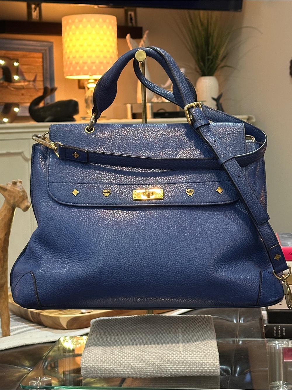MCM First Lady Top Handle Satchel in Royal Blue Leather w/Adjustable Strap, EUC
